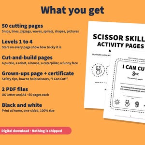Puede incluir: Una descarga digital de 50 p&aacute;ginas de actividades de corte en blanco y negro que incluyen l&iacute;neas, formas y rompecabezas para armar. Incluye un certificado, consejos de seguridad y dos archivos PDF en tama&ntilde;os A4 y US Letter.