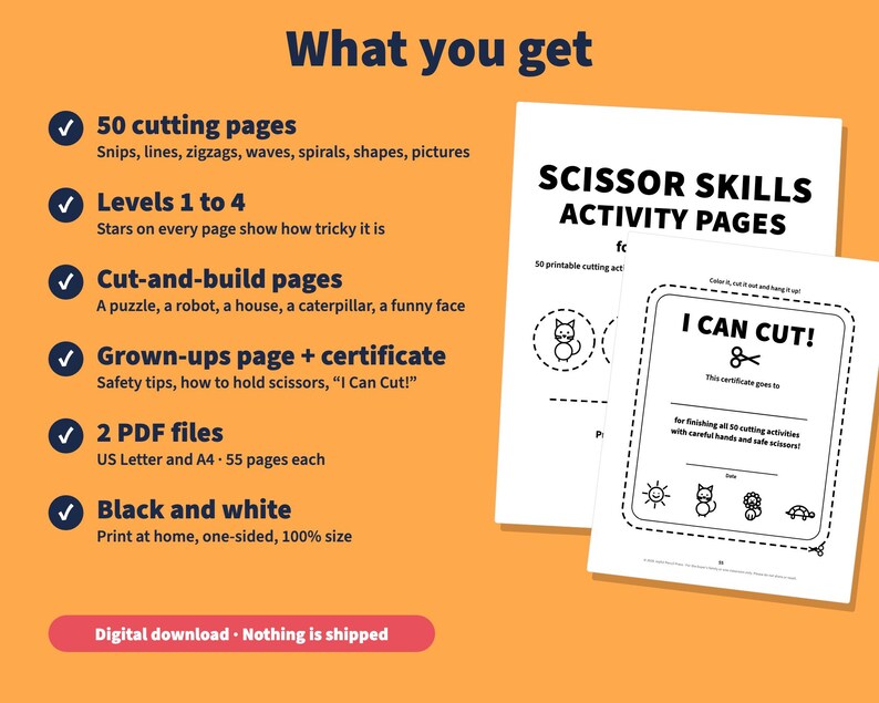 Puede incluir: Una descarga digital de 50 p&aacute;ginas de actividades de corte en blanco y negro que incluyen l&iacute;neas, formas y rompecabezas para armar. Incluye un certificado, consejos de seguridad y dos archivos PDF en tama&ntilde;os A4 y US Letter.