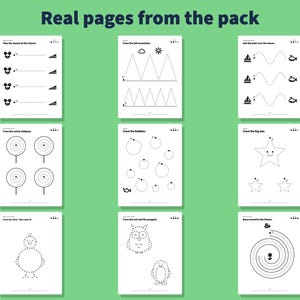 May include: Nine white activity sheets with black line drawings for tracing practice. Each page features different shapes, animals, and objects like mice, mountains, boats, lollipops, bubbles, stars, chicks, owls, penguins, and flowers with dotted lines.