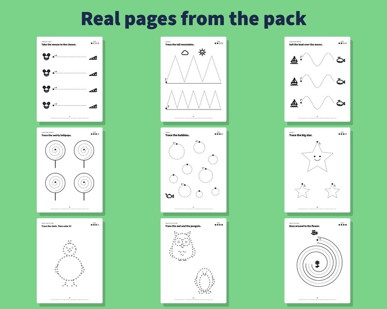 May include: Nine white activity sheets with black line drawings for tracing practice. Each page features different shapes, animals, and objects like mice, mountains, boats, lollipops, bubbles, stars, chicks, owls, penguins, and flowers with dotted lines.