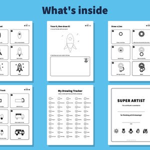 May include: Six white activity sheets with black text and illustrations titled What's inside. Pages include step-by-step drawing guides for a rocket, lion, and fire truck, a rocket tracing exercise, a drawing tracker checklist, and a Super Artist certificate.