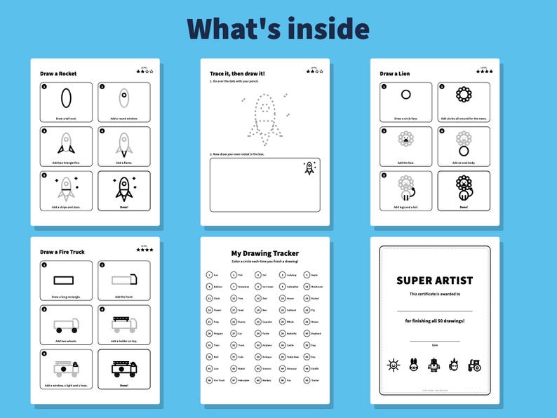May include: Six white activity sheets with black text and illustrations titled What's inside. Pages include step-by-step drawing guides for a rocket, lion, and fire truck, a rocket tracing exercise, a drawing tracker checklist, and a Super Artist certificate.