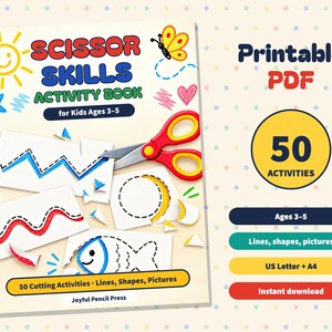 Libro de actividades para desarrollar la habilidad con las tijeras para niños de 3 a 5 años, 50 fichas de trabajo de recorte (descarga en PDF) imagen 1