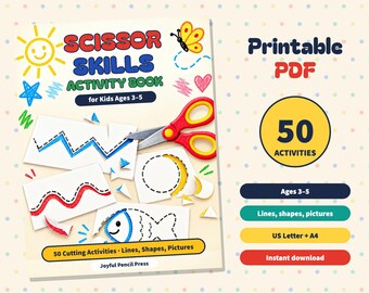 Printable Scissor Skills for Kids Ages 3-5, 50 Cutting Practice Worksheets, Preschool Cut and Color Activity Pages, Lines Shapes Pictures