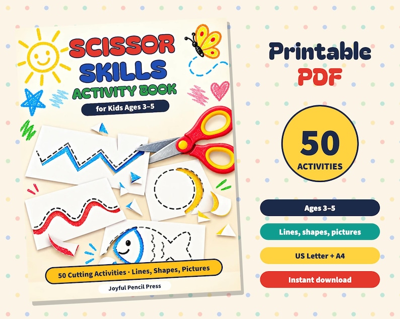 Libro de actividades para desarrollar la habilidad con las tijeras para niños de 3 a 5 años, 50 fichas de trabajo de recorte (descarga en PDF) imagen 1