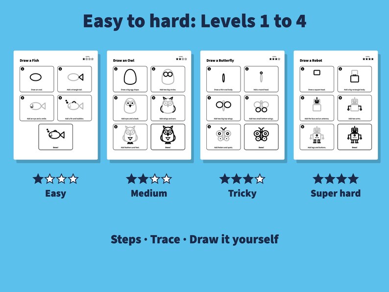 May include: A drawing tutorial sheet titled Easy to hard: Levels 1 to 4, featuring four step-by-step guides to draw a fish, owl, butterfly, and robot. Each section includes numbered boxes with instructions and illustrations, labelled Easy, Medium, Tricky, and Super hard.