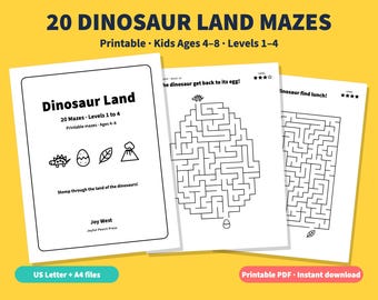 May include: A set of 20 Dinosaur Land mazes on white paper with black ink. The cover page features the title, dinosaur icons, and the text Stomp through the land of the dinosaurs. Two interior pages show black and white maze puzzles.