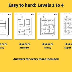 May include: Four printable maze activity sheets labelled Easy to hard: Levels 1 to 4. The sheets feature black line drawings of mazes with animal icons and text including Help Bunny find the carrot and Help the crab find a new shell.