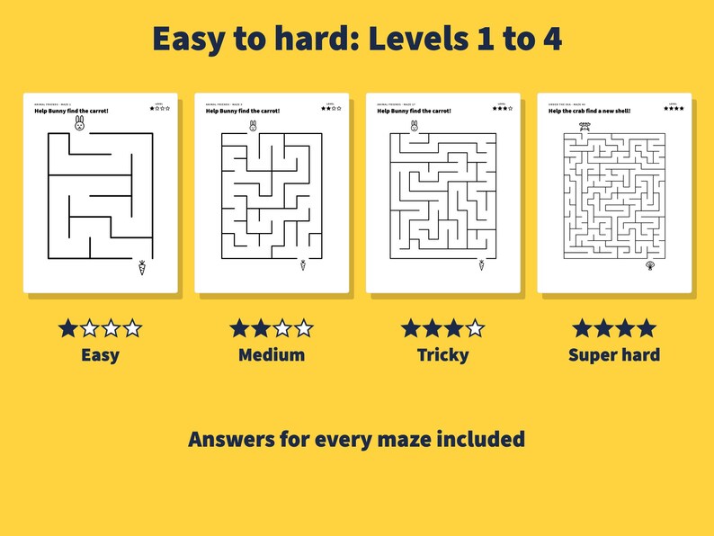 May include: Four printable maze activity sheets labelled Easy to hard: Levels 1 to 4. The sheets feature black line drawings of mazes with animal icons and text including Help Bunny find the carrot and Help the crab find a new shell.