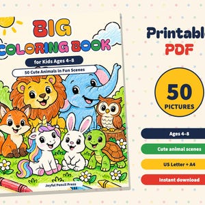 50 Animal Coloring Pages for Kids Ages 4-8, Farm Jungle Ocean Dinosaur Scenes (PDF) image 1