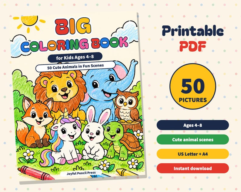 50 Animal Coloring Pages for Kids Ages 4-8, Farm Jungle Ocean Dinosaur Scenes (PDF) image 1
