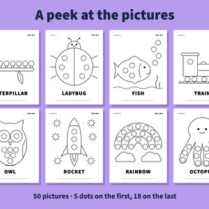 May include: A set of eight black and white coloring pages titled A peek at the pictures, featuring line drawings of a caterpillar, ladybug, fish, train, owl, rocket, rainbow, and octopus with circles for dot markers and text labels.