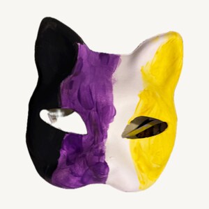 Non-Binary Flag Cat Mask – Yellow, White, Purple and Black, Hand-Painted