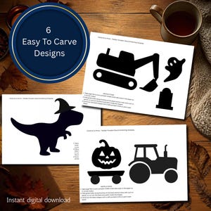 May include: Three white sheets of paper featuring black silhouette stencils for pumpkin carving. The designs include an excavator, a ghost, a tombstone, a dinosaur wearing a witch hat, a jack-o'-lantern on a wagon, and a tractor. Each sheet includes instructions.
