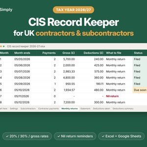 CIS Spreadsheet UK 2026/27, Contractor and Subcontractor Record Keeper, Monthly Return and Deduction Statement, Excel & Google Sheets