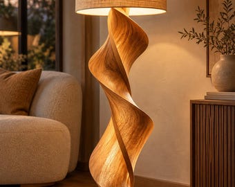 Lámpara de pie escultural de nogal, lámpara de pie de madera en espiral, iluminación de pie Japandi moderna, decoración orgánica moderna para sala de estar.