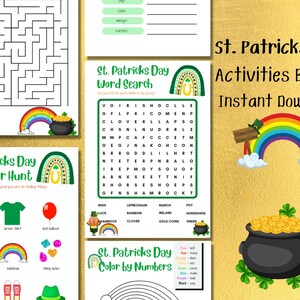 Könnte beinhalten: Ein druckbares St. Patrick's Day Aktivitätspaket mit einem Wortsuchspiel, einer Schnitzeljagd und einem Malen nach Zahlen. Das Paket enthält Regenbögen, Kleeblätter und Goldtöpfe.