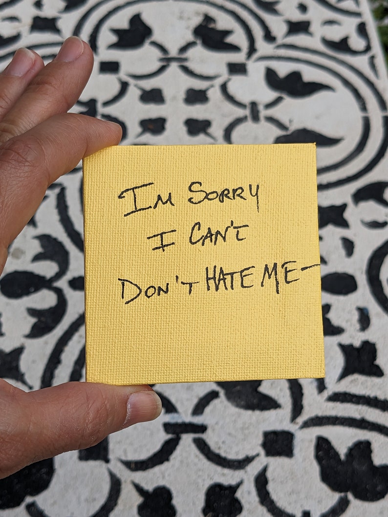 May include: A yellow sticky note with the handwritten message "I'm sorry I can't Don't hate me."
