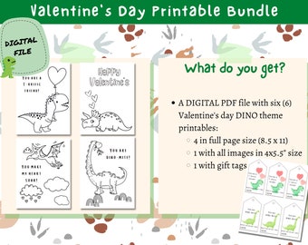 Dino Valentine's Day Coloring Pages: Kids Printable (Digital ONLY)