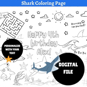 Custom shark theme coloring placemat | Kids shark party favors | Customizable