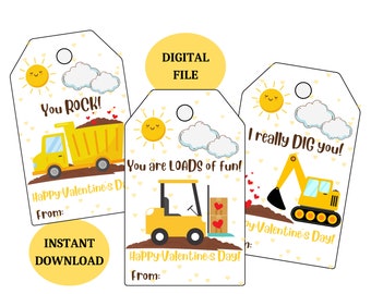 Puede incluir: Tres etiquetas de regalo de San Valentín con vehículos de construcción. Cada etiqueta presenta un sol amarillo, nubes y un mensaje: "You ROCK!", "You are LOADS of fun!" y "I really DIG you!" con el texto "Happy Valentine's Day!" y "From:"