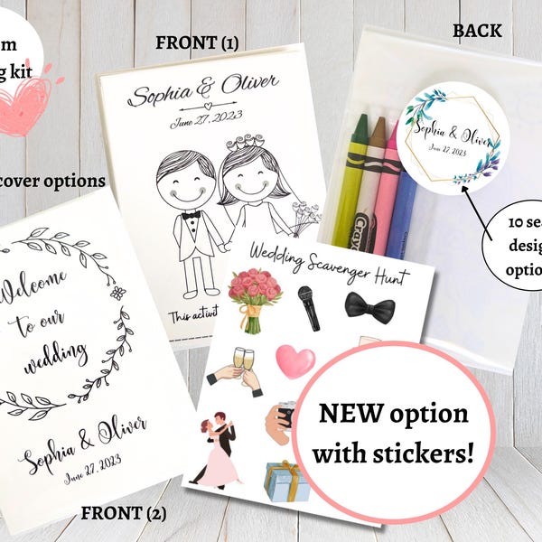 May include: A wedding coloring kit with two cover options. The front of the kit features a welcome to our wedding message with a wreath design. The back of the kit features a wedding scavenger hunt with stickers. The kit includes crayons and a seal with the couple's names and wedding date.