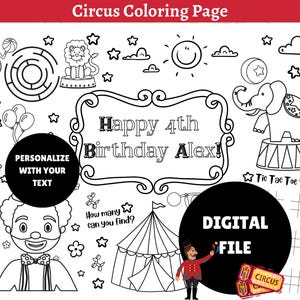 Custom circus coloring placemat | Kids circus party favors | Customizable
