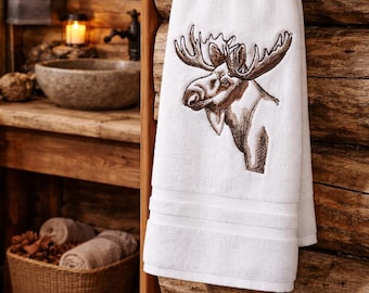 Rustic Moose Embroidered Hand Towel