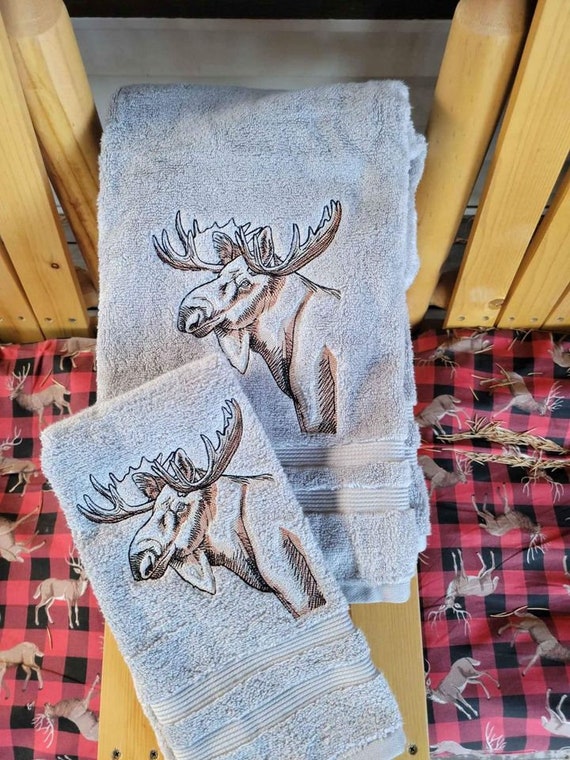 Moose Hand Towel Embroidered - Moose Lover Gift