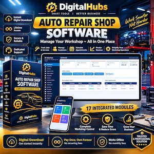 Könnte beinhalten: DigitalHubs Kfz-Werkstatt-Software-Managementsystem auf einem Computermonitor und Smartphone-Bildschirm, mit einem Dashboard für Reparaturaufträge, Kundendaten und Terminplanungstools in einer professionellen Benutzeroberfläche.