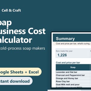 Modèle de tableur pour la fabrication de savon, calculateur de coûts et de prix, Google Sheets et Excel