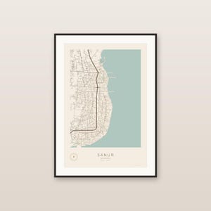 Sanur Bali Indonesien kartatryck med landmärken, minimalistisk strandstad väggkonst (digital nedladdning)