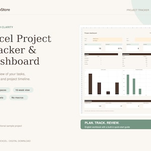 May include: A digital Excel Project Tracker and Dashboard template featuring a project dashboard with bar charts, task progress metrics, and data tables. Text includes FINDICoStore, Plan with Clarity, 100 task spaces, 16-week view, 4 worksheets, No macros, and Plan. Track. Review.