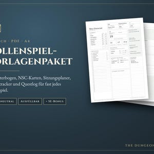 May include: A digital role-playing game template pack in A4 format, featuring character sheets, NPC cards, session planners, combat trackers, and quest logs. The text includes 'ROLLENSPIEL-VORLAGENPAKET', 'SYSTEMNEUTRAL', 'AUSFÜLLBAR', and '+ 5E-BONUS'.