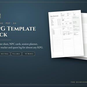 Karaktärsblad ifyllningsbart PDF | dnd 5e och universella TTRPG-mallar | NPC-kort, sessionsplanerare, stridsspårare, uppdragslogg | Dungeon Master