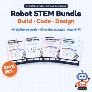 子供向けSTEMアクティビティセット、ロボットSTEMチャレンジカード48枚＋コーディングパズル60個、ハロウィン＆ウィンターSTEM、ホームスクール用印刷可能