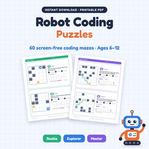 Coding Worksheets for Kids, 60 Screen-Free Robot Coding Puzzles, Unplugged Coding Mazes, Homeschool STEM Printable, Computer Science