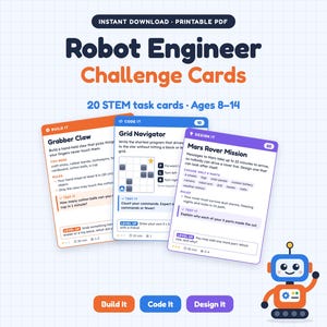 Może przedstawiać: Zestaw kart wyzwań Robot Engineer zawierający 20 kart zadań STEM dla dzieci w wieku 8-14 lat. Karty są oznaczone jako Build It, Code It i Design It, z instrukcjami dla zadań takich jak Grabber Claw, Grid Navigator oraz Mars Rover Mission.