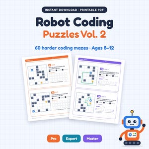 Coding Puzzles Volume 2, 60 Harder Screen-Free Robot Coding Mazes for Kids, Unplugged Coding Worksheets, Homeschool STEM Printable