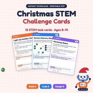 Puede incluir: Tarjetas de desafío STEM navideñas con 12 tarjetas de tareas para edades de 8 a 14 años. El set incluye tarjetas naranjas, azules y moradas tituladas Build It, Code It y Design It, con instrucciones para actividades y un robot.