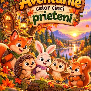 Puede incluir: Una colorida ilustración con cinco animales de dibujos animados—un zorro, un erizo, un conejo, un búho y una ardilla—sobre un tronco en un bosque otoñal. Un letrero de madera muestra el texto "Aventurile celor cinci prieteni".