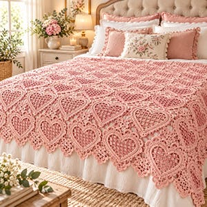 Crochet Bedspread Pattern PDF, Blush Heart Lace Blanket with Matching Pillow Covers