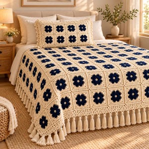 Daisy Granny Square Blanket & Pillow Crochet Pattern PDF, Navy Floral Bed Throw Set