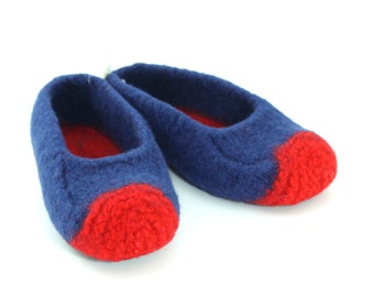 Women's felted wool slippers, ready to ship, two-color loafer style, size small (5-6), suede non-slip soles, color choices, handmade.