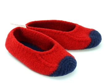 Women's felted wool slippers, ready to ship, two-color loafer style, size medium (7), suede non-slip soles, color choices, handmade.