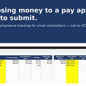 May include: A digital dashboard interface displaying a project billing tracker with columns for project name, contract sum, billed amounts, retainage, balance, and compliance status. Text reads: Stop losing money to a pay app you forgot to submit.