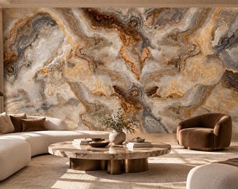May include: A large wall mural featuring a swirling marble pattern in shades of cream, gray, and deep amber. The design displays organic, flowing veins and textures that mimic natural stone, creating a continuous, expansive visual effect.