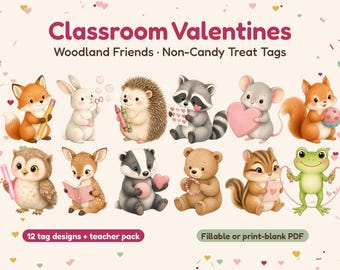 Valentinskarten für die Klasse, Waldtier-Anhänger (keine Süßigkeiten), Valentinskarten für Kinder, Lehrerpaket, ausfüllbares PDF, sofortiger Download zum Ausdrucken