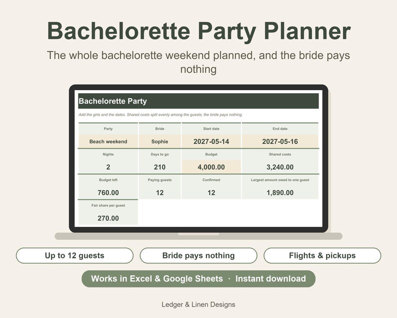Wedding Planning Bundle | Wedding Budget Spreadsheet | Bachelorette Planner | Bachelor Party Planner | Honeymoon Planner image 3