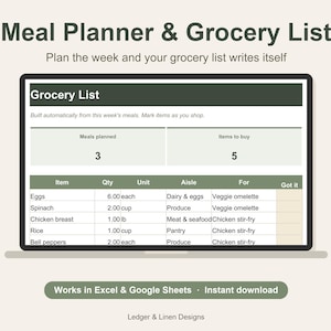 Meal Planner Spreadsheet with Automatic Grocery List | Weekly Meal Plan | Recipe Organizer | Meal Prep Planner